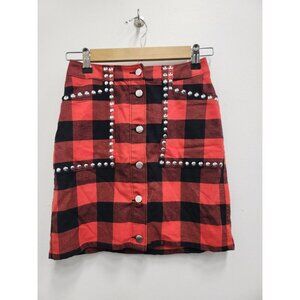 Bar III Womens Seeing Red Buffalo Check Mini‎ Skirt 2 Studded Button Front NEW